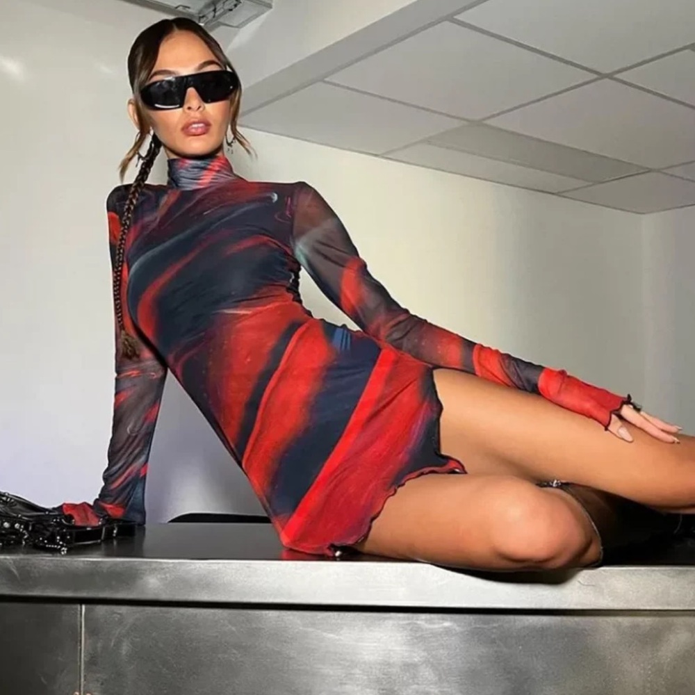 Edikted - Red & Black Long Sleeve Pattern Dress